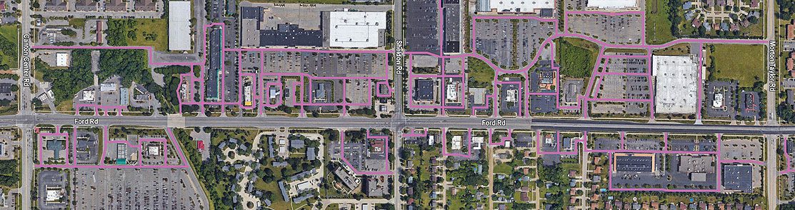 Map showing street access with pink lines